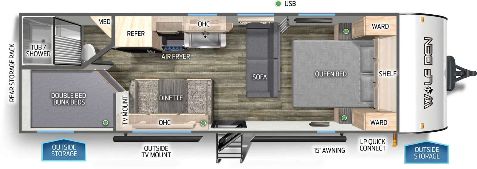 The 26DJSE has no slide outs and one entry door. Exterior features outside storage, LP quick connect, 15 foot awning, outside TV mount, and rear storage rack. Interior layout front to back: foot-facing queen bed with shelf above, and wardrobes on each side; rear facing sofa near foot of bed; off-door side kitchen countertop with sink, overhead cabinet, air fryer, and refrigerator; door side entry, dinette, overhead cabinet and TV mount; rear door side double bed bunk beds; rear off-door side full bathroom with medicine cabinet.